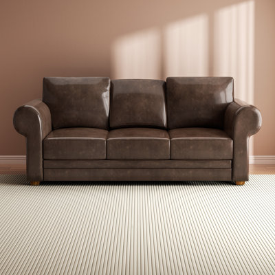 Brown Genuine Leather Sofa - Solid Rubberwood Frame, No Assembly Required, Medium-firm Certified Foam