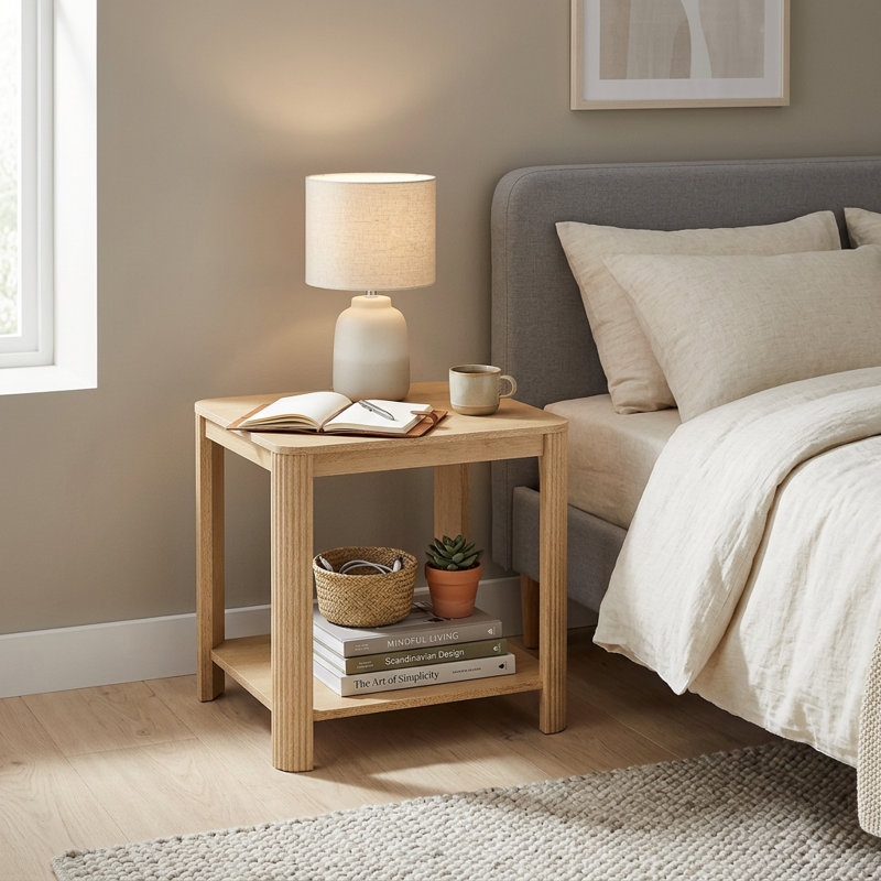 Table de chevet moderne à 2 niveaux avec tablette ouverte, table de chevet avec coins arrondis et pieds cannelés, table de bout peu encombrante pour la chambre à coucher