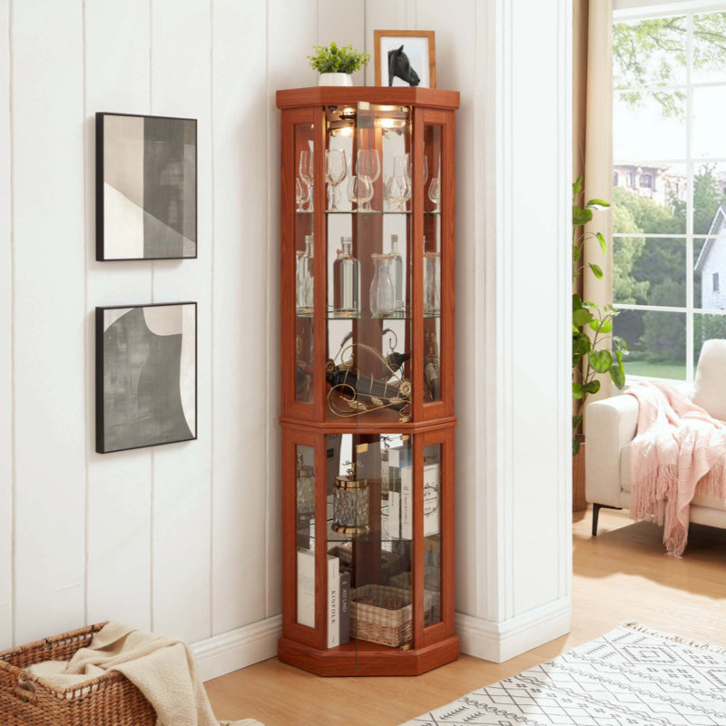 Lighted Corner Curio Cabinet - Display Case For Living Room, Antique Collectibles, Wine & Bar Glass Storage - Elegant Corner Design With Lights Included