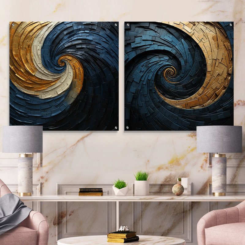 Or bleu sarcelle minimalisme spirales poteries - ensemble de 2 peintures murales abstraites en acrylique, H 36 po x l 73 po