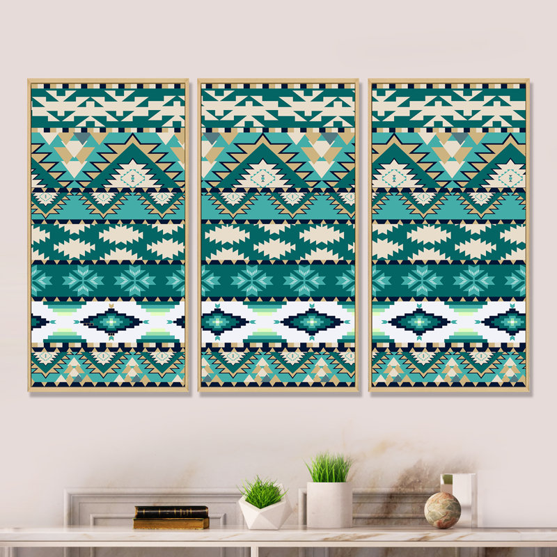 Aztec Geometrics - ensemble d'art moderne sur toile encadrée moderne de 3, H 28 po x l 36 po x P 1 po, Brun