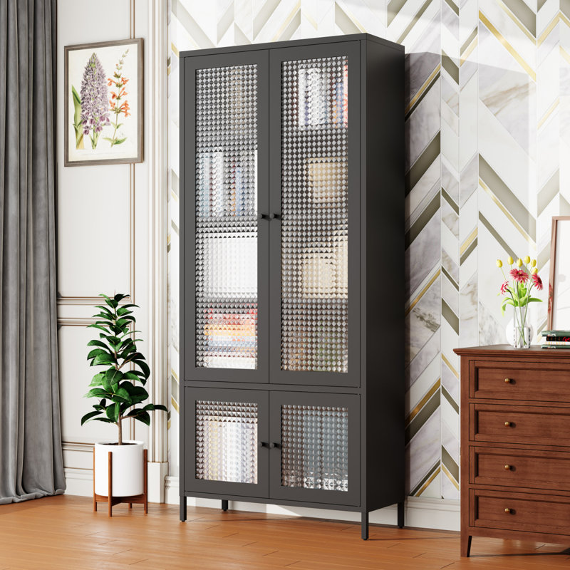 Grande armoire de rangement en métal avec 4 portes vitrées et 5 tablettes latérales
