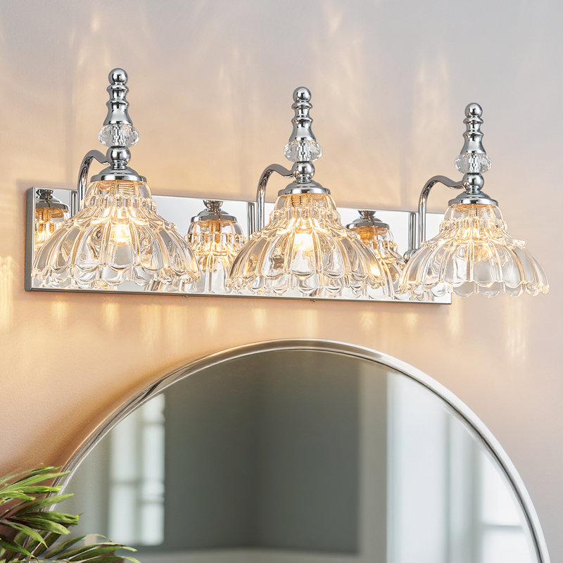 Luminaire de salle de bain 3 lumières chromé rétro avec abat-jour en verre fleuri sur miroir, Chrome chrome, Trois lumières