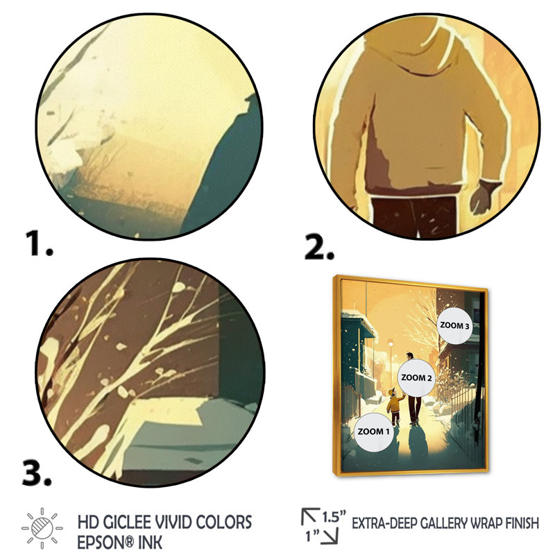 «Father Love in Winter Times», reproduction sur toile, H 40 po x l 30 po x P 1,5 po, Toile avec cadre flottant or