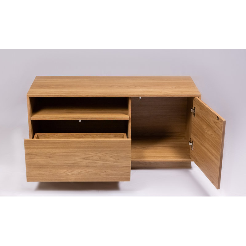 Meuble télé moderne pour téléviseurs jusqu'à 45 pouces, centre multimédia avec porte, tiroir, tablette ouverte et système de gestion des câbles, chêne Hanovre