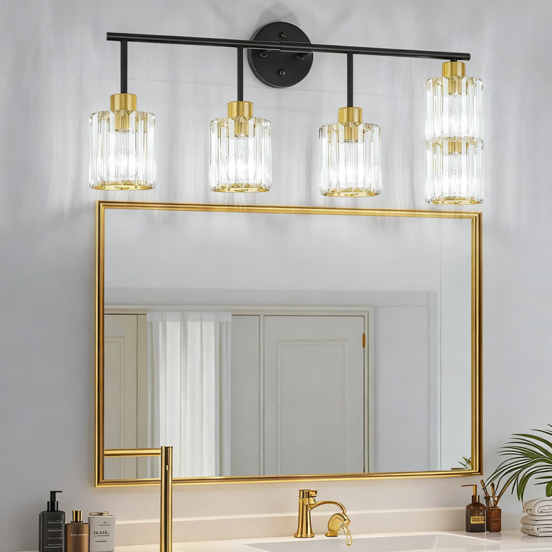 Modern Gold Crystal Vanity Light Fixture, 4-Light Bathroom Lighting For Mirror With Ceramic E26 Socket, ETL Certified Hardwired Fixture For Restroom And Bedroom