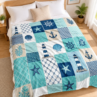 1Pcs Nautical Lighthouse Anchor Starfish Seashell Print Fleece Blanket - Single-Sided;Cozy, Warm, and DecorativeMachine WashablePerfect for Sofa, Couch, Bed, Travel, CampingArtistic Seaside Theme Home Decor. Bedding item