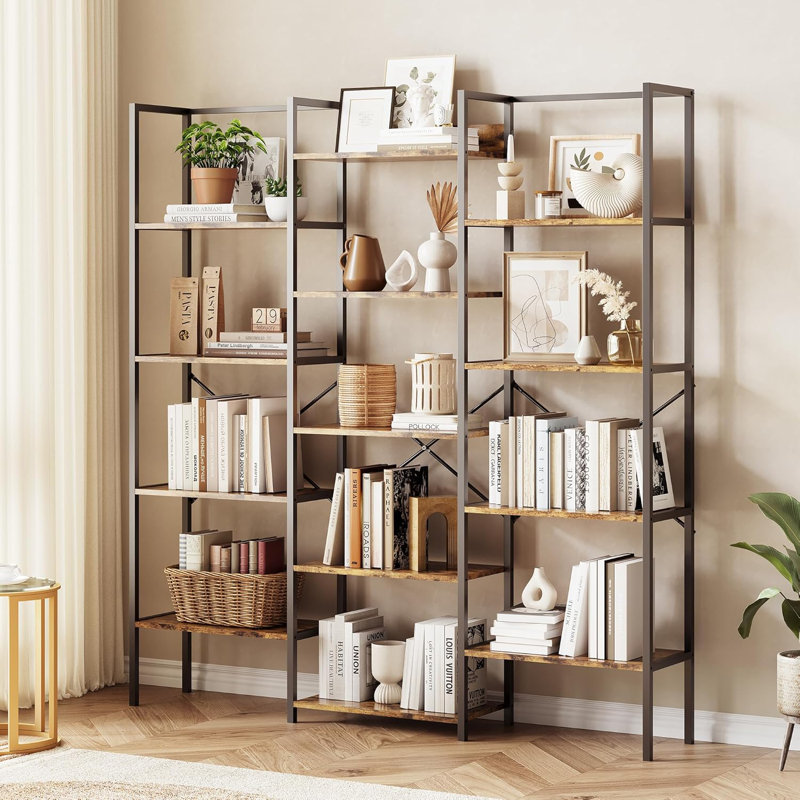 Triple Column 5-Tier Bookshelf, Rustic Industrial Bookshelf With Frame, Brown
