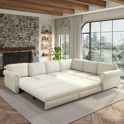 L-Shaped Sofa Couch with Pull-Out Bed, Oversize Convertible Sleeper Sofa with Nailhead Trim & Rolled Arm, Chenille Upholstered Sectional for Living Room and Office