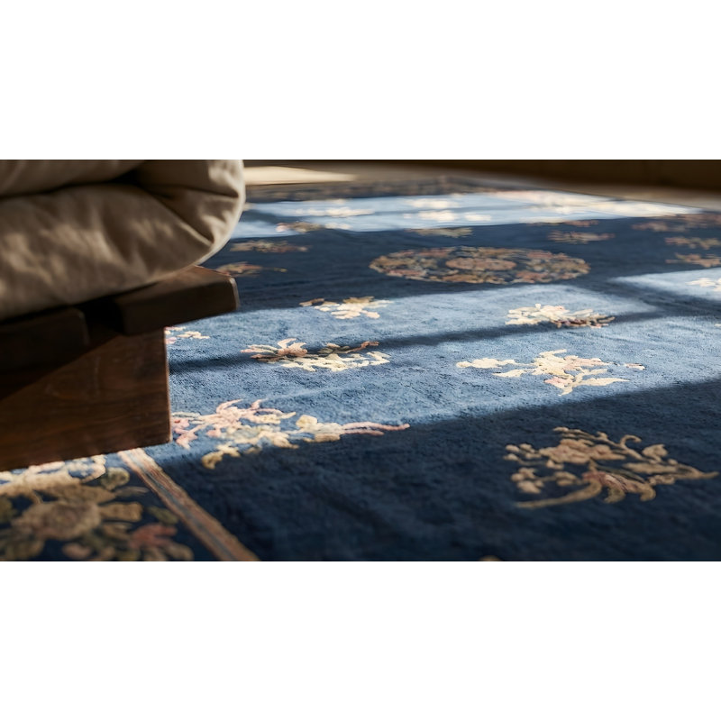 Wool Rectangle Large Antique Blue 1890s Hand Knotted Pile Rug