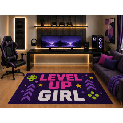 Tapis de jeu ultra-léger « Level Up Girl » 152 x 213 cm, motif rétro d'arcade, idéal pour chambre d'ado, salle de jeux ou salle de jeux. Dos en silicone antidérapant, poils courts.