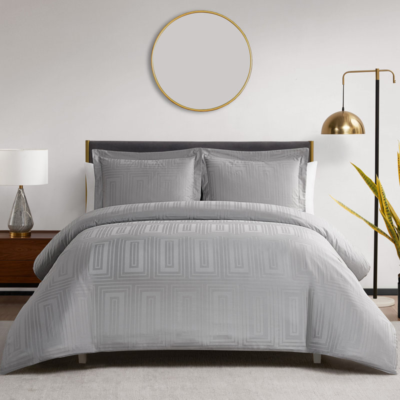 DESIGN STUDIO Cityblocks Silver Grey 3-Piece Cotton Rectangle Jacquard Duvet Set, Queen Duvet Cover + 2 Standard Shams