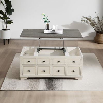 Square Lift Wooden Coffee Table with Storage, with 2 Drawers and 3 Hidden Compartments, Living Room Furniture Table with Dark Grey MDF Top and White Oak Drawers