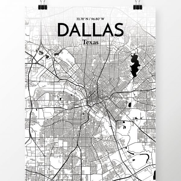 « dallas city map », reproduction d’impression sur affiche à motif encre, H 17 po x l 11 po
