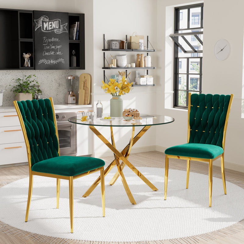 Glass Round Dining Table Set with Luxury Velvet Upholstered Dining Chairs, 3 Pieces: Table, 2 Chairs, Vert