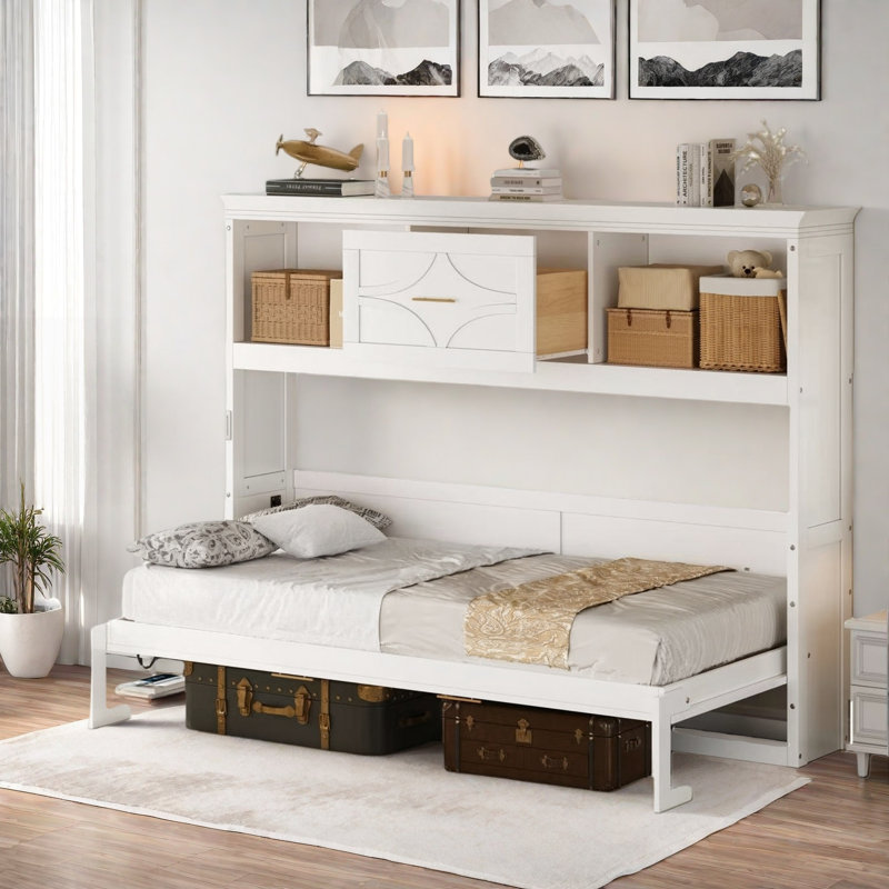 Lit escamotable avec station de charge, 2 armoires de rangement et 1 tiroir, Blanc