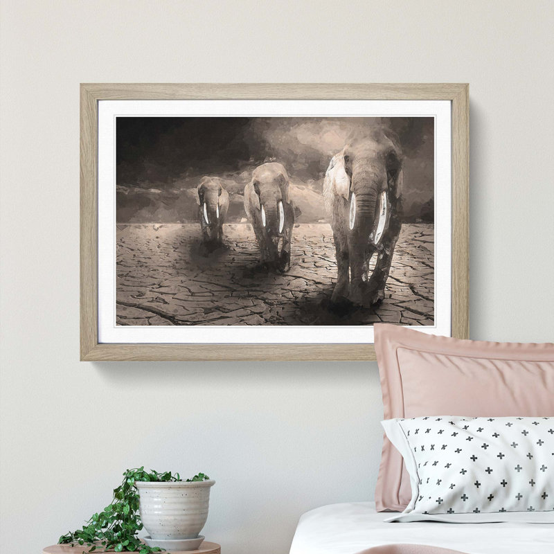 Trio of Elephants in Abstract - Picture Frame Graphic Art Print, Oak, 50cm H x 76cm W x 2cm D