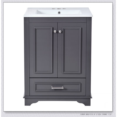 Ensemble de meuble-lavabo 24 po avec lavabo en céramique, armoire de rangement autoportante moderne avec poignées argentées, portes à fermeture douce