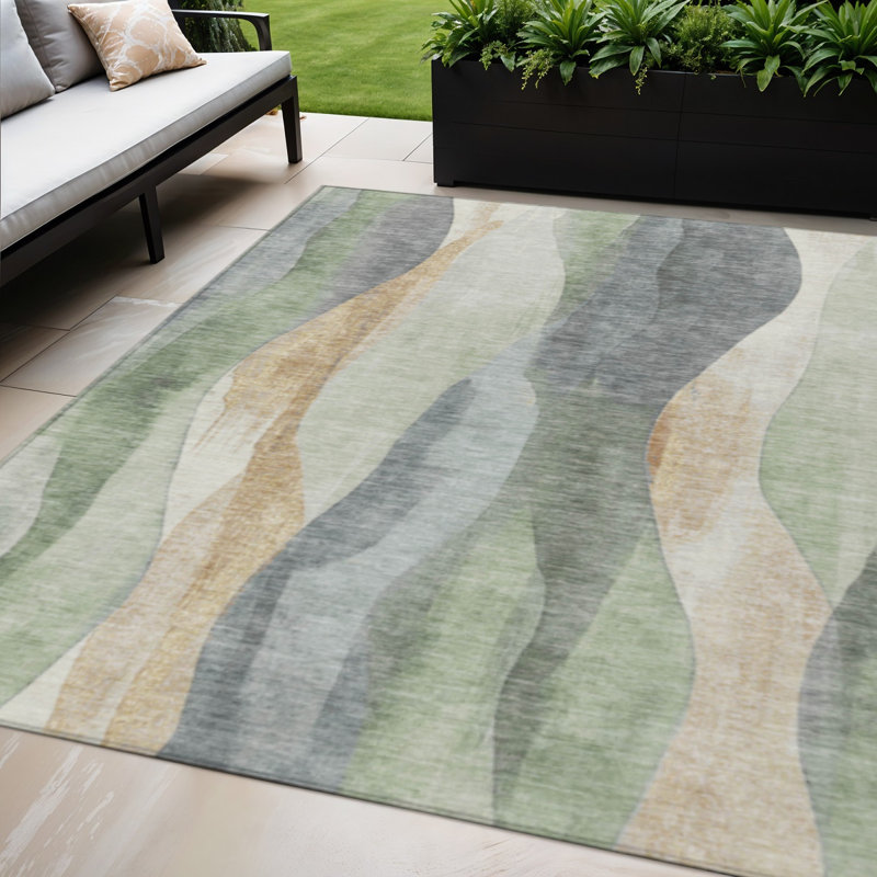 5' X 8' Artichoke Green And Grey Abstract Washable Indoor Outdoor Area Rug