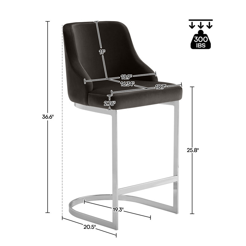 26-Inch Velvet Grey Upholstered Bar Stool with Metal Frame