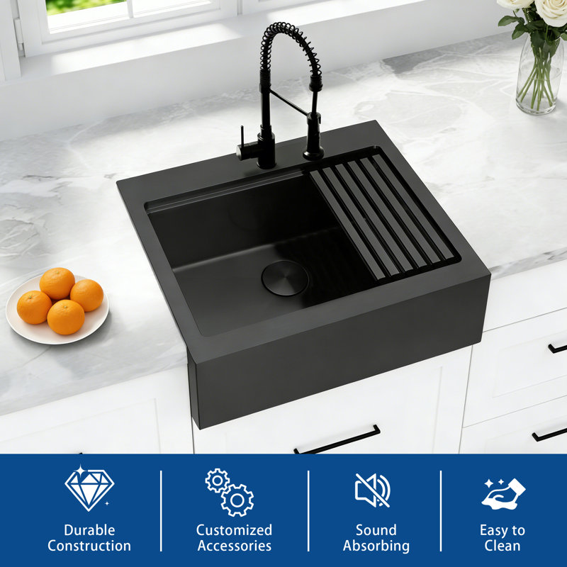  30" L x 22" W Workstation Farmhouse Apron Front Kitchen Sink 16 Gauge Stainless Steel Single Bowl With Accessories
