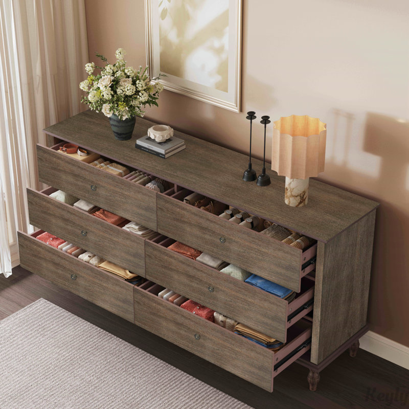 6-Drawer Double Wide Wood Dresser for Bedroom, Light Brown Burnt Wood Finish Storage Chest with Self-Closing Slides, Metal Copper Handles, Solid Wood Roman Column Legs, Anti-Tip Kit Included