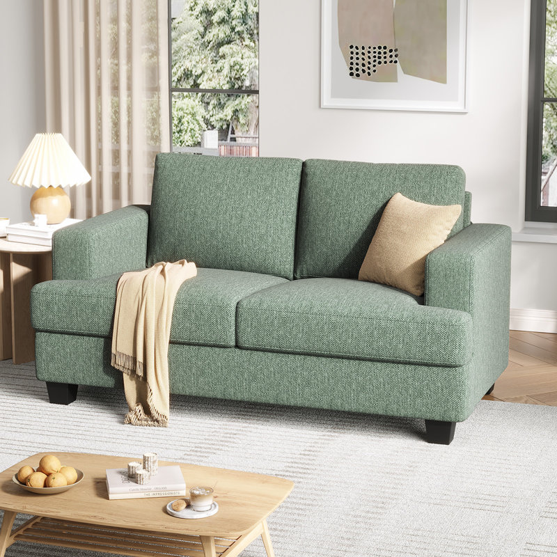 63" 2-Seater Upholstered Square Arm Sofa, Light Green Linen