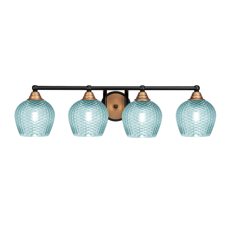 Verre turquoise 6 po Mukkesh, H 7,5 po x l 31 po x P 8 po, Noir mat / laiton, Quatre lumières