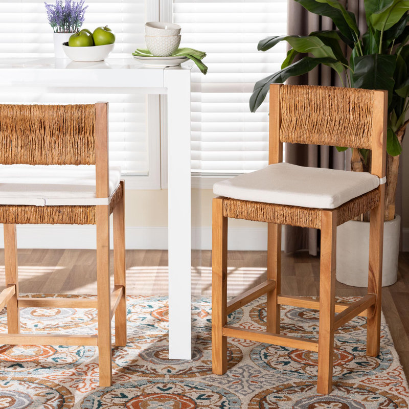 bali & pari Pava Woven Seagrass Counter Stool - Solid Mahogany Wood Stool with Textured Back, Coastal Boho Seating for Kitchen Island, Counter Height