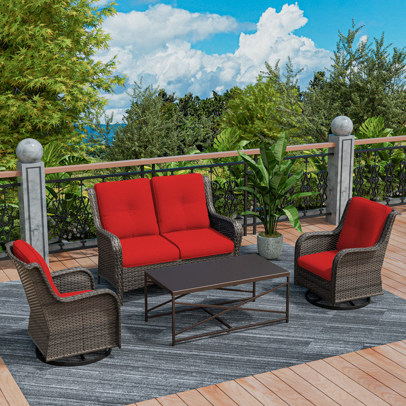 4-Pieces Wicker Outdoor Patio Furniture Set Rattan Chair Wicker Set with Red Cushion, Red
