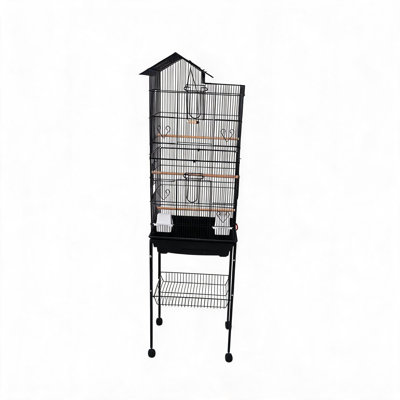 62" Tall Black Bird Cage with Storage Stand & Feed Bowls for Parakeets, Canaries & Cockatiels – Coated Metal Birdcage
