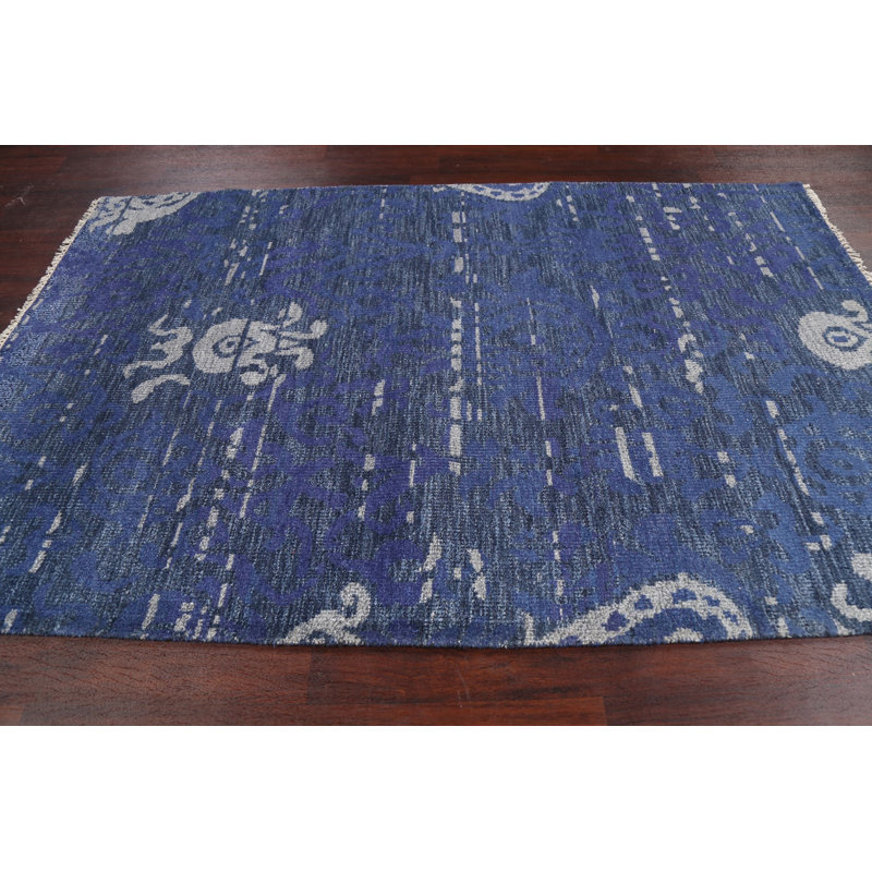 Tapis bleu noué à la main de conception unique 5 pi 2 po x 7 pi 10 po New Age