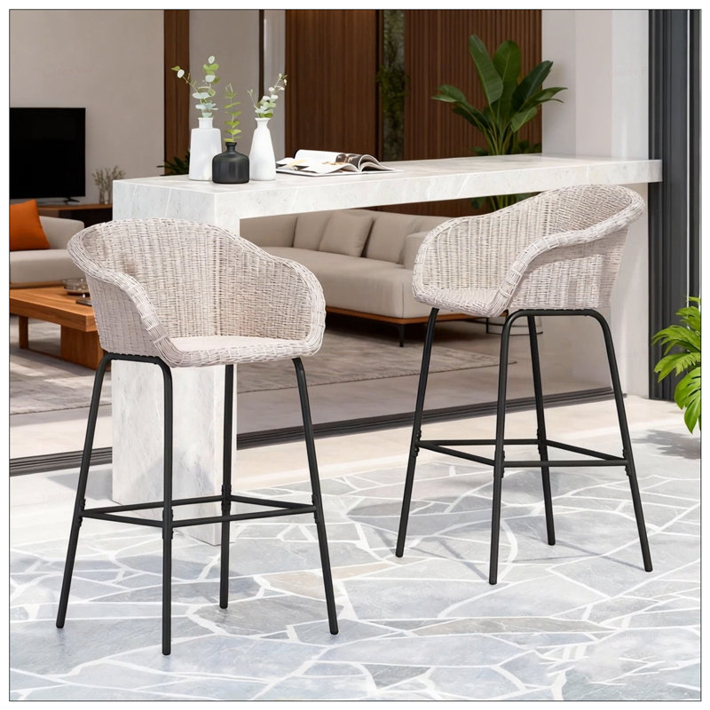 Ladd Outdoor Metal Wicker Barstool, Light Gray Faux Wicker With Integrated Footrest And High Weight Capacity, Light Gray