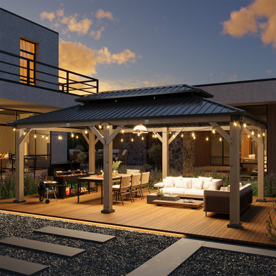 Jolydale 12X20Ft. Wood Gazebo, Hardtop Gazebo With Galvanized Steel Double Roof, Suitable For Patios, Lawn And Backyard
