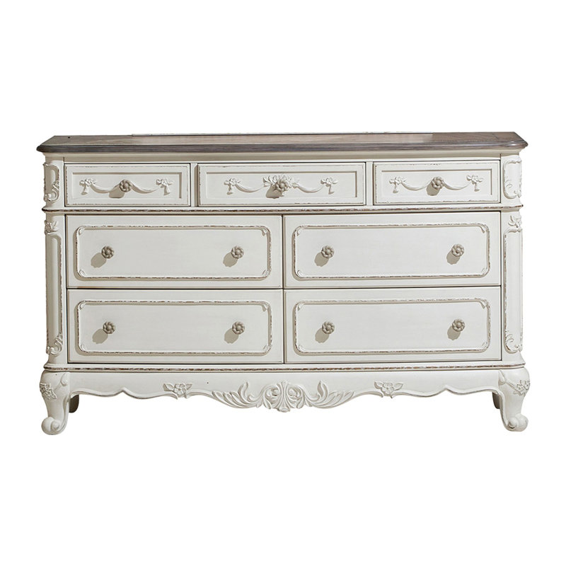 Commode de style victorien blanc antique et finition chêne avec rangement à 7 tiroirs 1pc