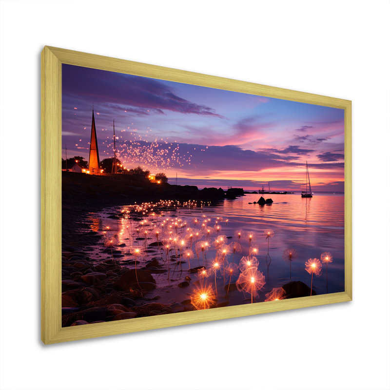 Coucher de soleil sur la plage florale II - art mural plage, Cadre doré à coins fermés, H 16 po x l 32 po x P 1 po