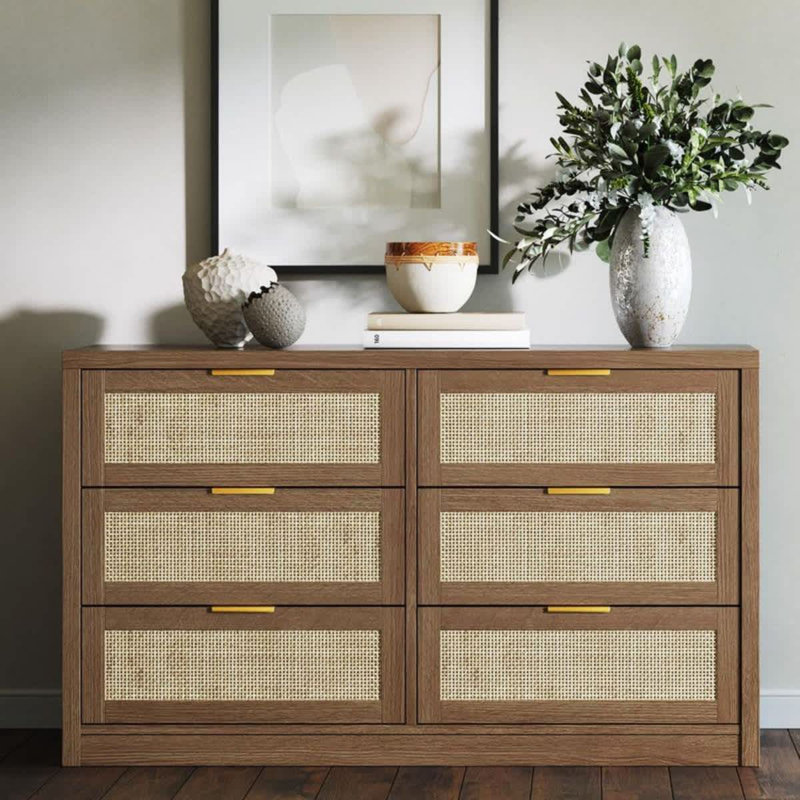 Modern 53 inch Rattan Dresser for Bedroom 6 Drawer Boho Chest of Drawers Large Storage Cabinet for Clothes TV Stand for Living Room Wood Accent Modern 53 inch Rattan Dresser for Bedroom 6 Drawer Boho Chest of Drawers Large Storage Cabinet for Clothes TV Stand for Living Room Wood Accent