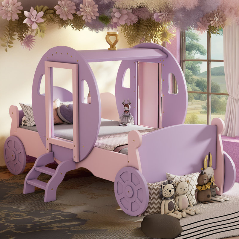 Princess Magical Crown Carriage-shaped Bed with Ladder, Purple