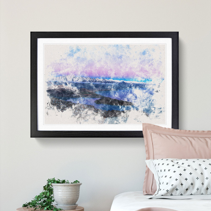 Lake in Queenstown New Zealand - Picture Frame Painting Print, 36cm H x 48cm W x 2cm D, Black Framed