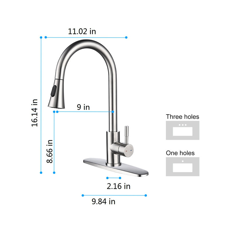 Robinet de cuisine moderne à bec rétractable en acier inoxydable, couleur nickel brossé, méthode d'installation simple