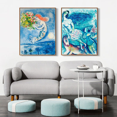 Reproduction d'art numérique sur toile encadrée, 2 pièces par Marc Chagall, série d'art mural n ° 01 pour les décorations de bureau à domicile (cadre de couleur bois mince, 18 po x 24 po chaque pièce)