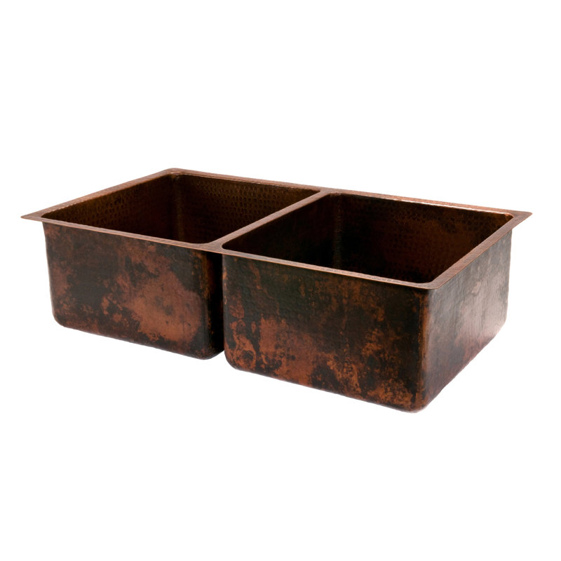 33" Hammered Copper Kitchen 50/50 Double Basin Sink with Matching Drains, and Accessories