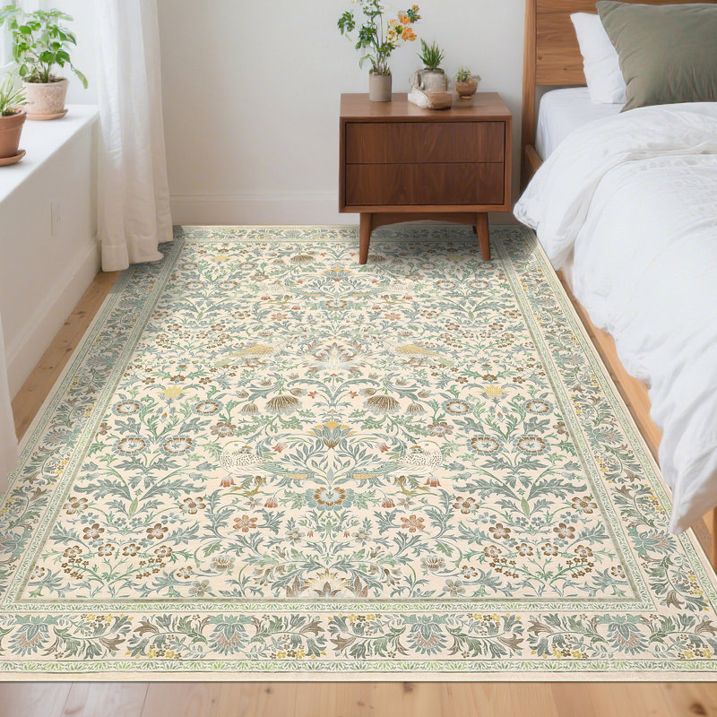  Washable Rugs for Living Room, Non Slip Floral Area Rugs, Low Pile Stain Resistant Botanical Bird Soft Carpet, Foldable Indoor Floor Mats for Bedroom, Nursery, Dining Room