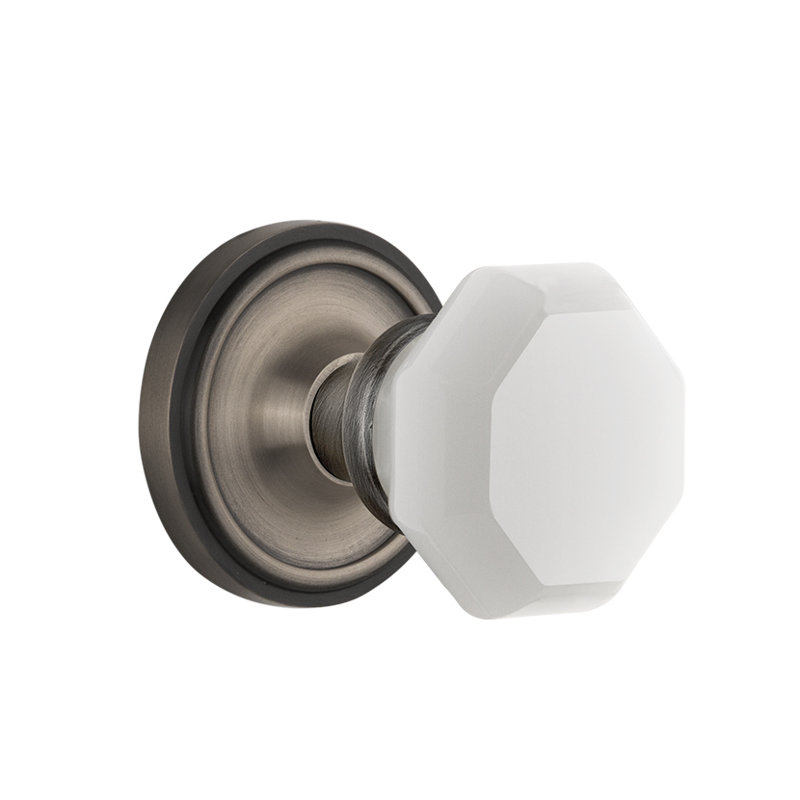 White Milk Glass Waldorf Interior Mortise Door Knob with Classic Rosette, Antique Pewter
