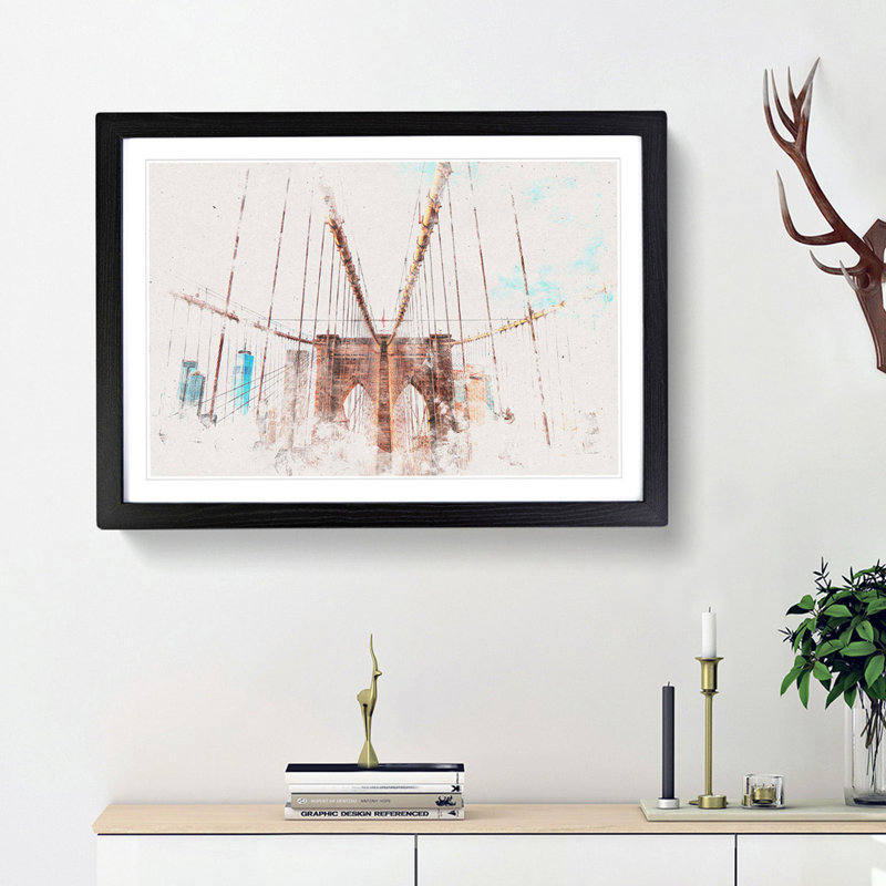 Brooklyn Bridge New York City - Picture Frame Graphic Art Print, 40cm H x 60cm W x 2cm D, Black Framed