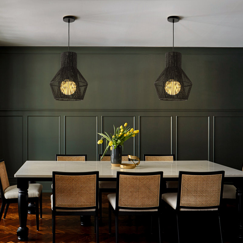 1-Light Modern Black Unique/Statement Hand-Woven Rattan Chandelier Bubble Trasitional Cylinder Medium Natura Pendant Light For Bedroom