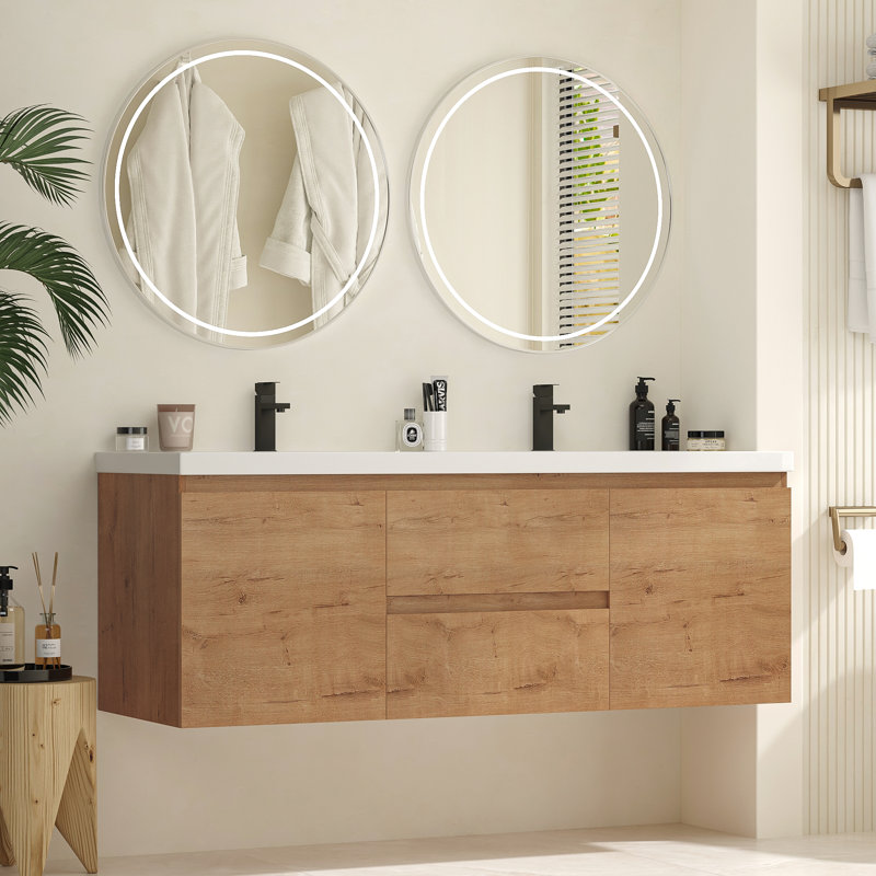 Meuble-lavabo double 59,1 po avec comptoir et deux tiroirs, meuble-lavabo mural flottant avec armoires de rangement (robinet non inclus), entièrement assemblé