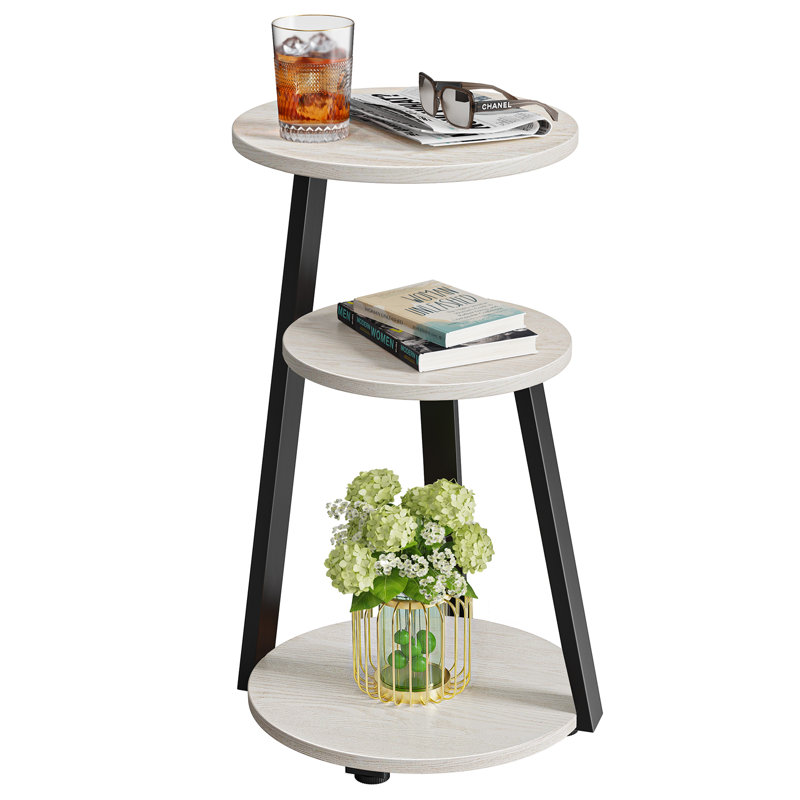 Table de bout ronde avec tablettes à 3 niveaux Vernestine, Noir, Bois blanc