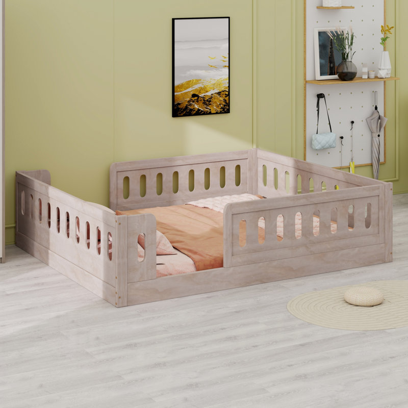 Lit plateforme en bois avec barrière de sécurité, Naturel
