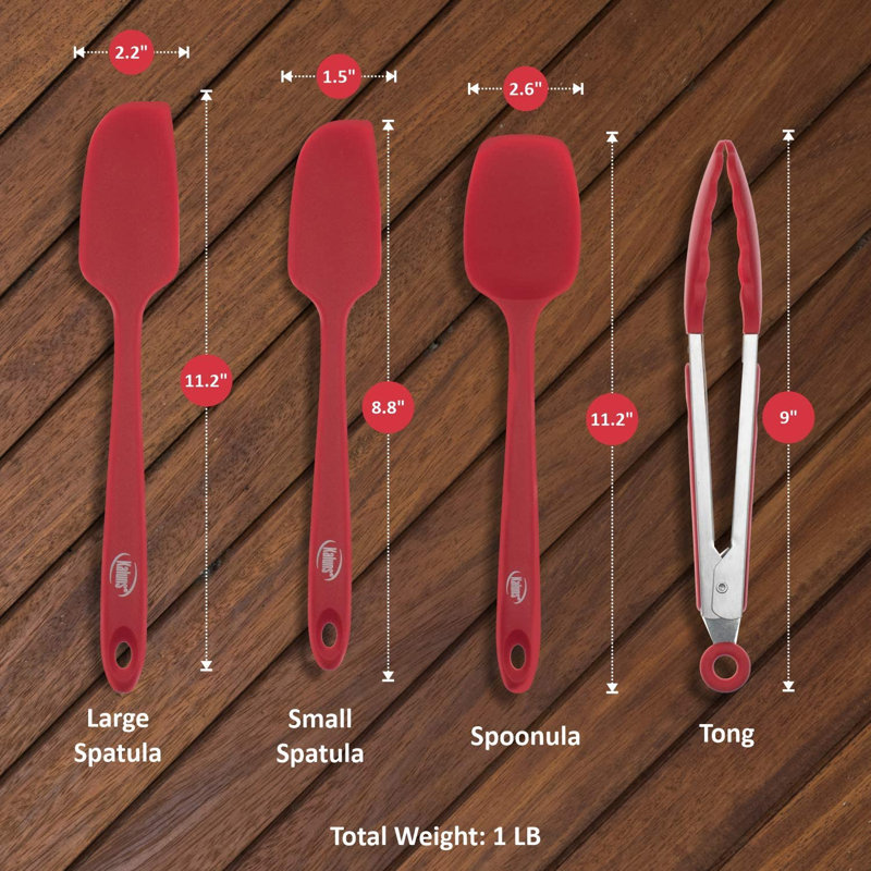 Kaluns Silicone Spatula Set, 4-Piece Heat Resistant Rubber Spatulas with Stainless Steel Core, 600°F Nonstick Safe, Dishwasher Safe, Bonus Tongs Included